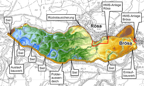 Bauwerke und Maßnahmen im Flutungspolder Rösa mit Darstellung der Geländeoberfläche